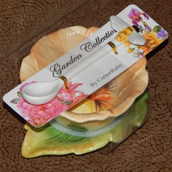 Corner Ruby Garden Collection Gold Sand Flower Teacup Leaf Saucer & Spoon New - Picture 2 of 12